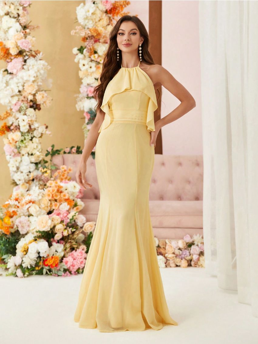 SHEIN Belle Chiffon Bridesmaid Dress With Halter Neck, Gathered Waist, Pleated Detail And Slight Fish Tail