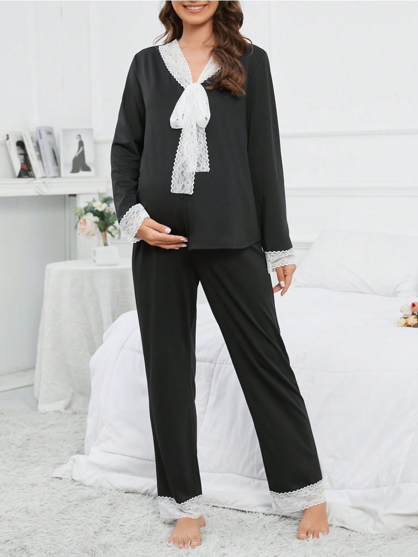 Maternity Contrast Lace Tie Front PJ Set