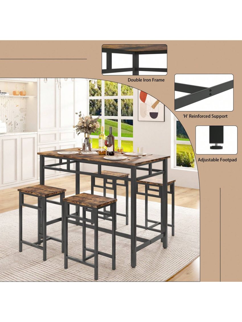 SEGMART 5 Pieces Dining Room Set, Counter Height Bar Table Set for 4, Wooden Bistro Pub Table and Chairs for Small Spaces, Rustic Brown