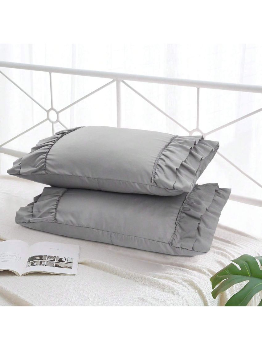 Pack of 2 Farmhouse Ruffle Pillow Shams, Standard Size White French Country Style Vintage Pillowcases with Handcraft Ruffle, Boho Frilly Pillow Shams for Bedroom, Microfiber, 20