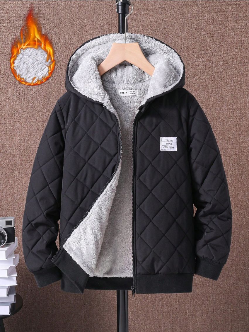 SHEIN Kids EVRYDAY Boys' Letter Print Hooded Fleece Lined Jacket For Children, Winter