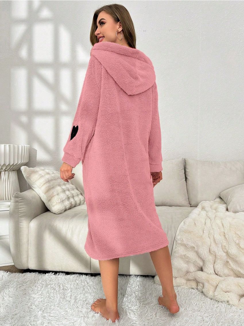 Heart Pattern Drop Shoulder Hooded Flannel Sleep Robe