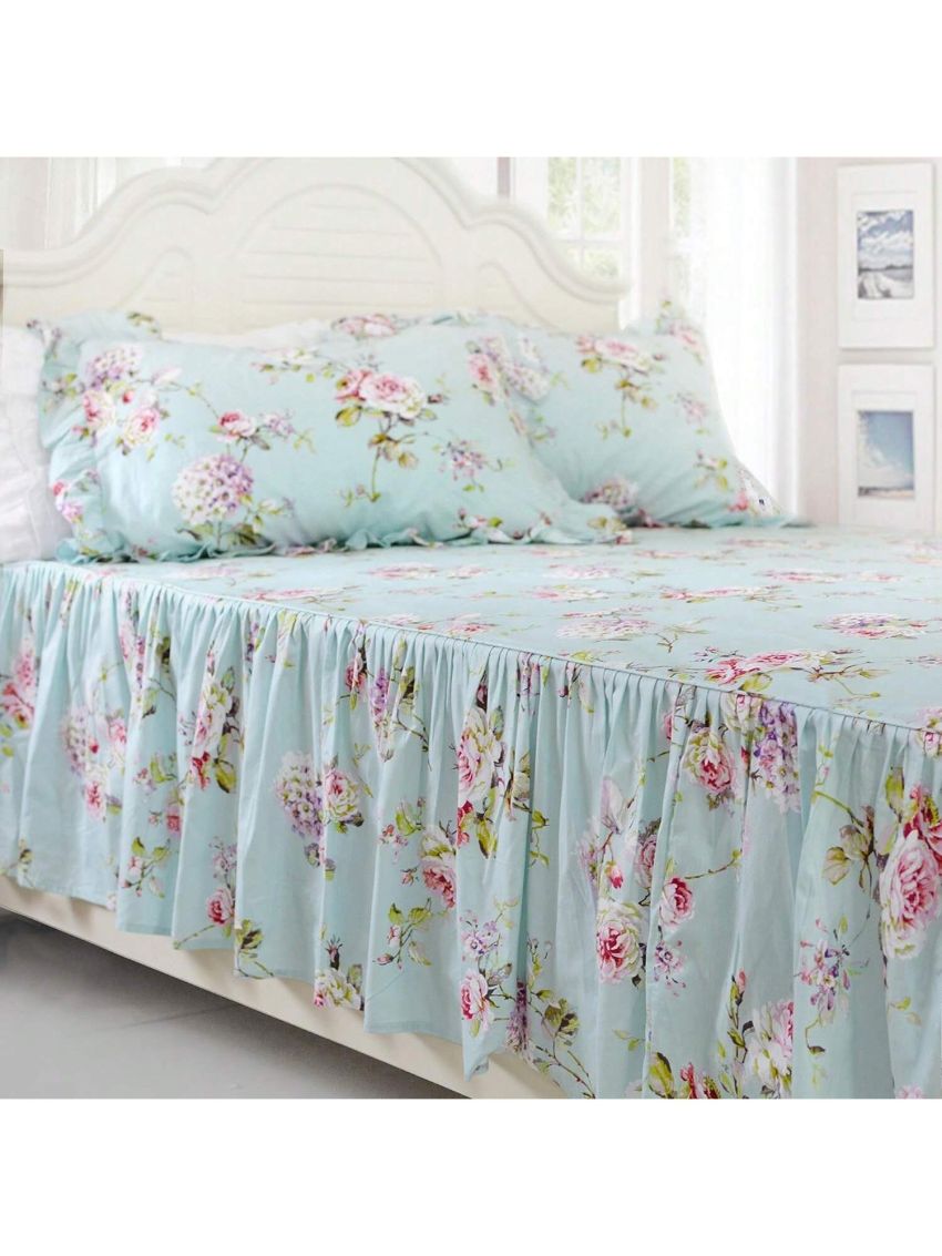 4-Pieces Shabby Floarl Cotton Bedding Set Light Blue Hydrangea Print Duvet Cover Set with Bedskirt French Country Style with Ruffle -1 Duvet Cover, 1 Bedskirt, 2 Pillowshams