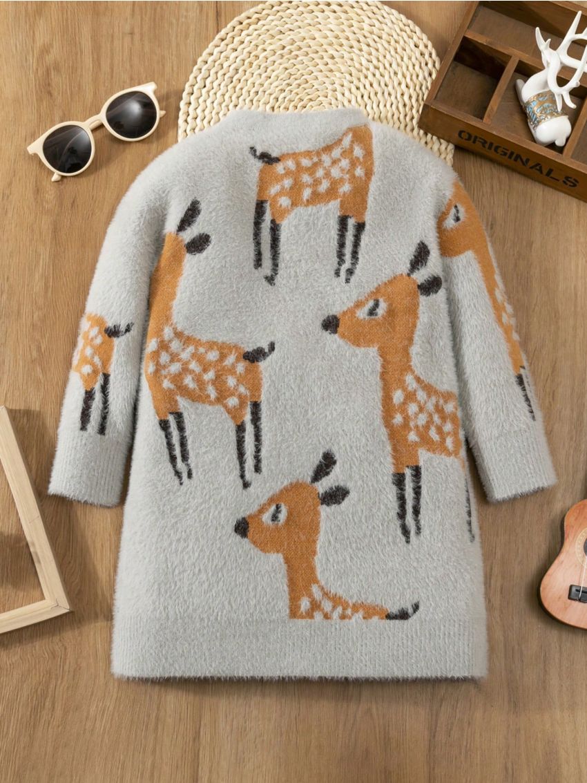 Girls' Cartoon Deer Design Warm Sweater Dress For Fall And Winter