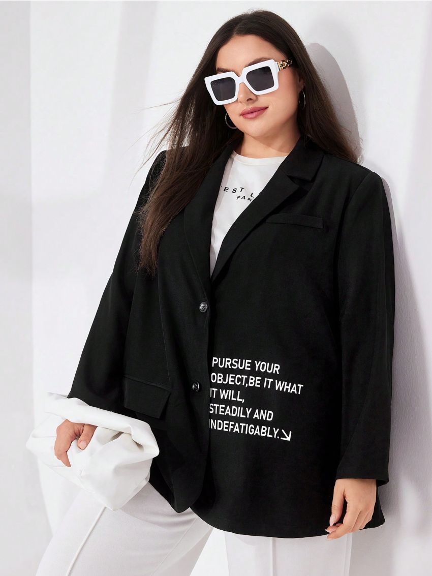 SHEIN Mulvari Plus Size Women'S Long Sleeve Suit Jacket With Slogan Print