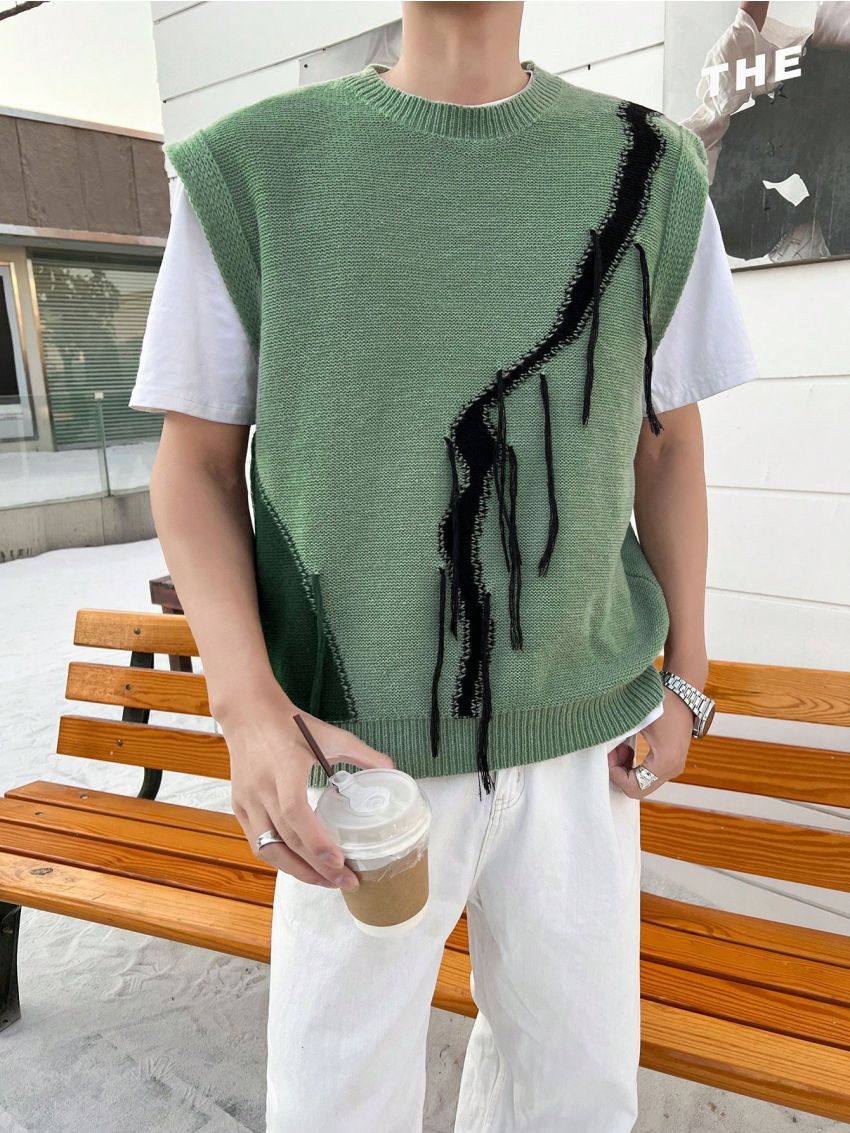 Manfinity Men's Loose Fit Round Neck Sweater Vest With Fringed Patchwork