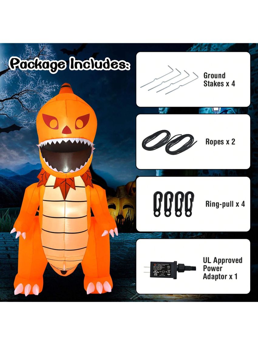 Costway 8FT Halloween Inflatable Pumpkin Head Dinosaur Blow Up with LED Lights