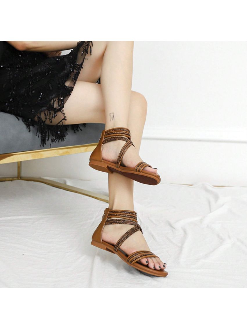 Women's With Zipper Gladiator Sandals Summer Flat Thong Cross Strappy Sandals Trendy Roman Shoes