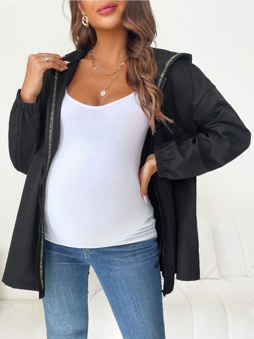 SHEIN Maternity Drawstring Waist Zip Up Hooded Coat