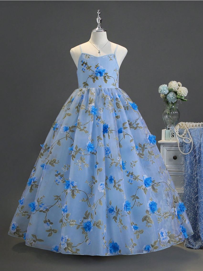 Tween Girls' Dress With Strap, 3d Flower Embellished Tulle Skirt, Ideal For Performance, Wedding, Party, Birthday