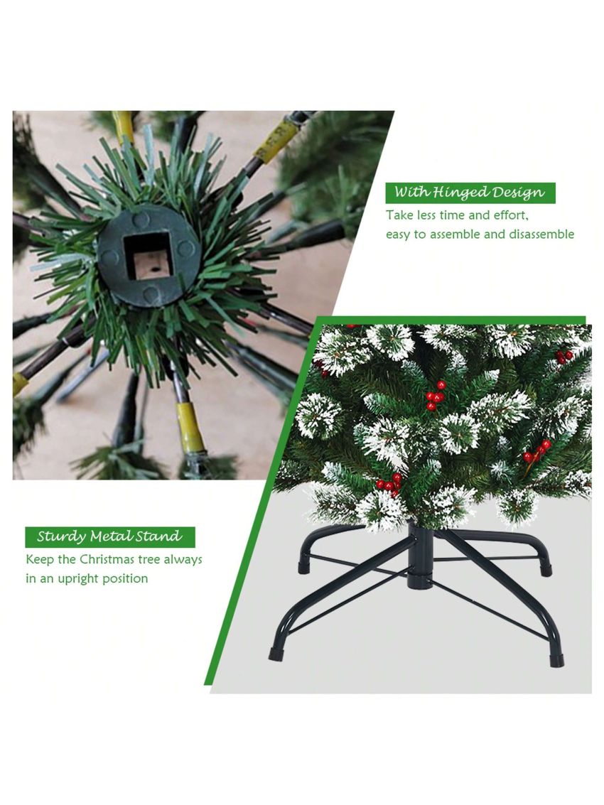 Gymax 6 FT Artificial Christmas Tree Snow Flocked Hinged Tree w/ Red Berries