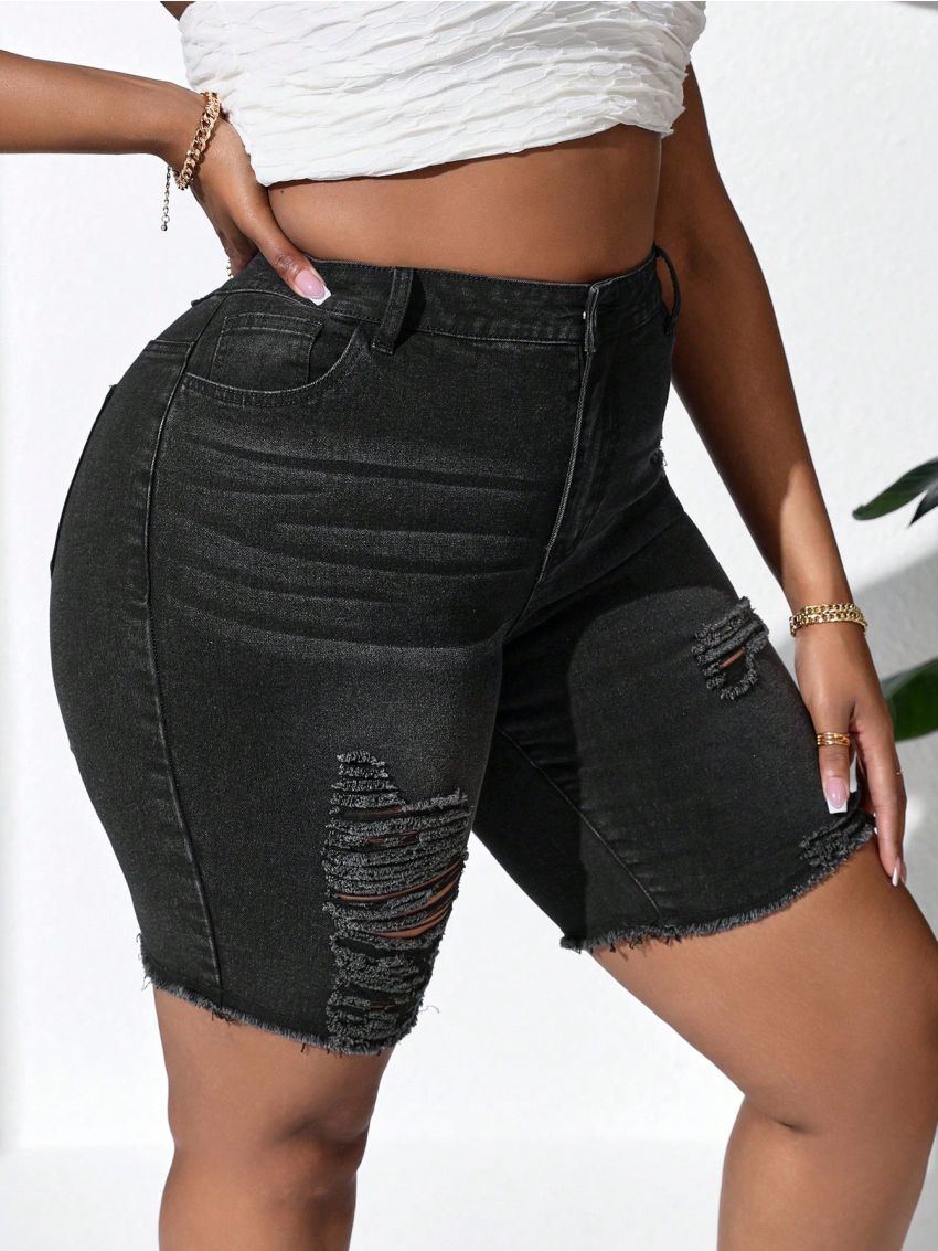 SHEIN VCAY Women's Plus Size High Waist Irregular Ripped Tight Denim Shorts With College Style