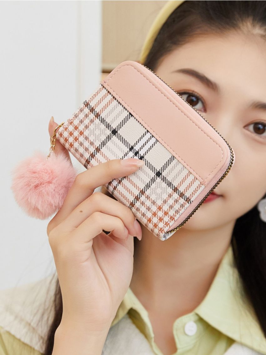 Pom Pom Decor Plaid Pattern Coin Purse
