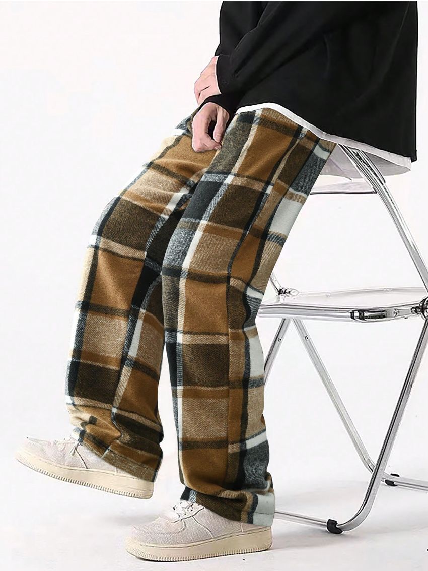 Manfinity Hypemode Men's Plaid Drawstring Waist Slant Pocket Straight Pants