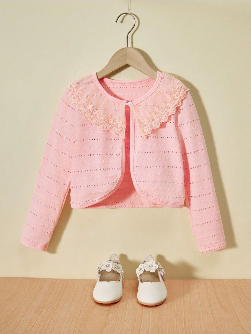 Little Girls' Lace Splice Cardigan With Single Button Closure