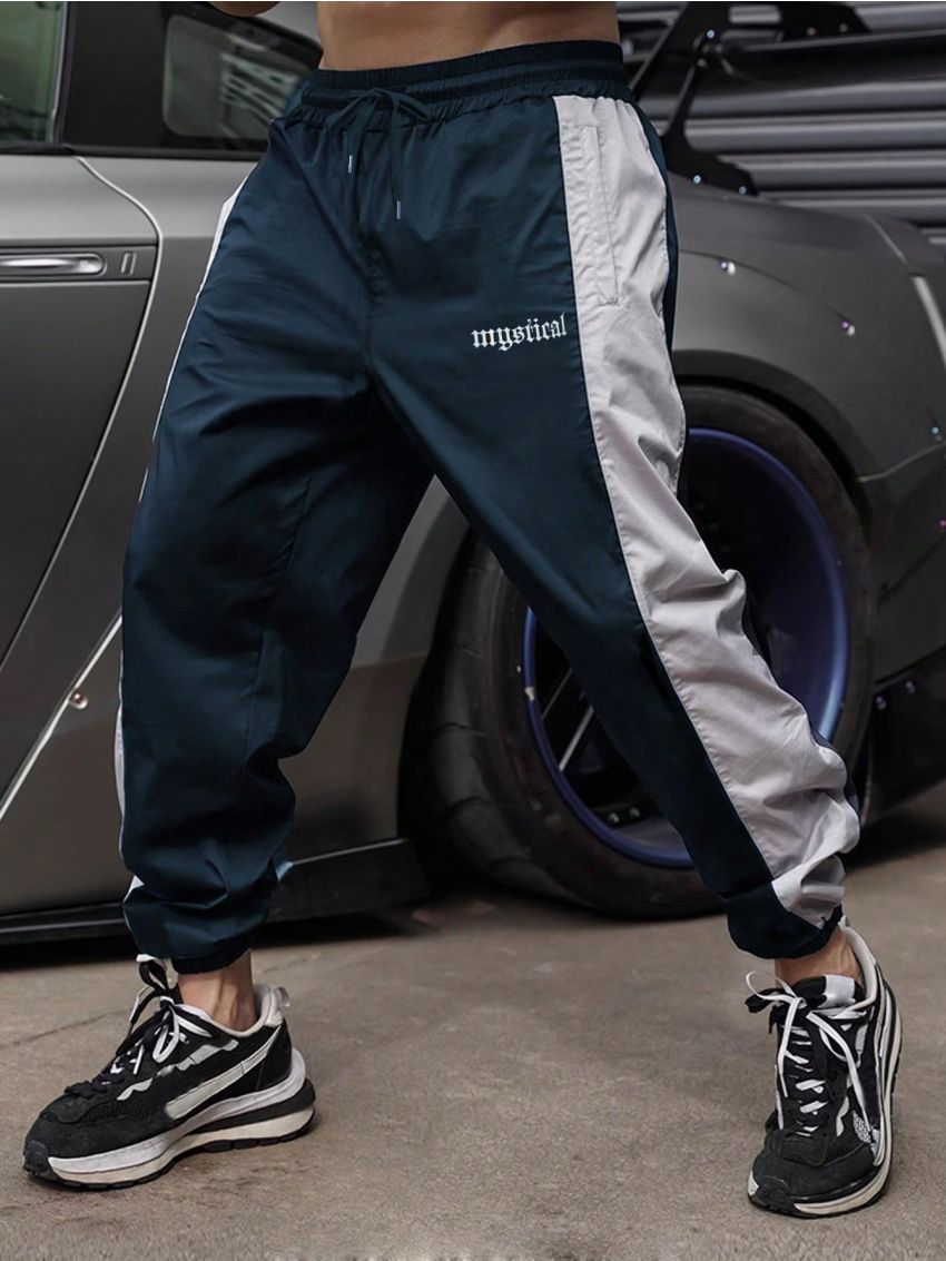 Men's Letter Pattern Drawstring Waist Side Seam Spliced Sports Pants