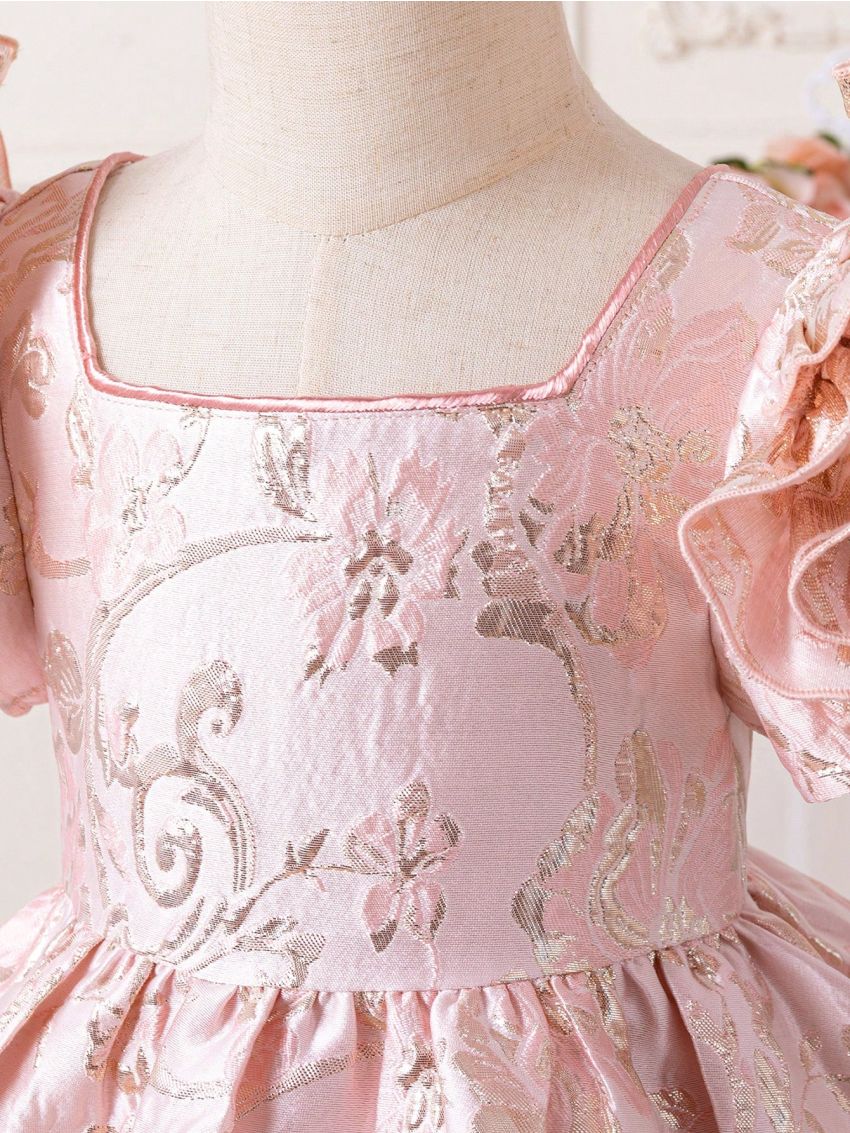 SHEIN Kids CHARMNG Little Girls' Square Neck Dress With 3d Rose Decoration And Jacquard Fabric