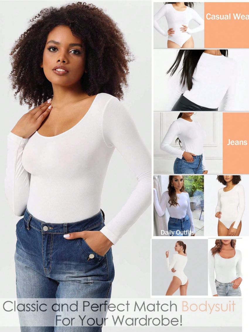 Ladies' Solid Color Long Sleeves Bodysuit For Body Shaping