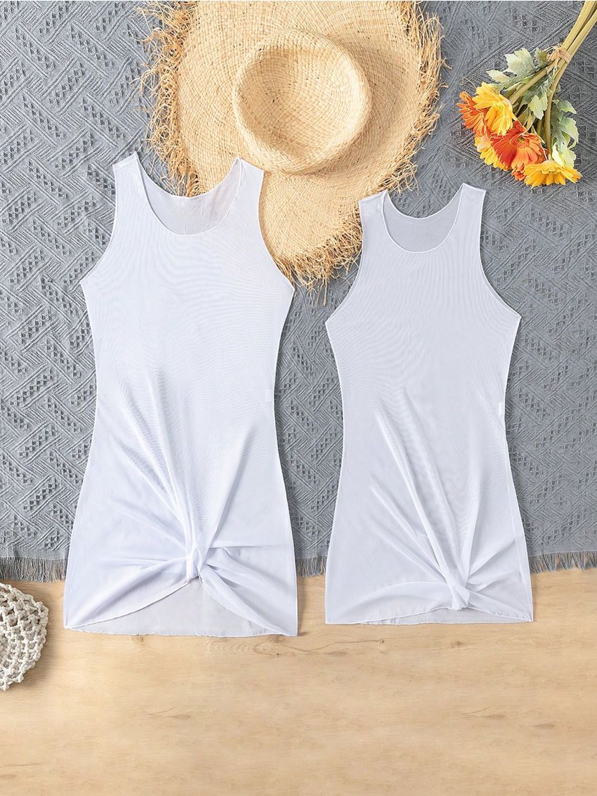 Solid Color Twisted Knot Tank Top Cover Up For Teen Girls