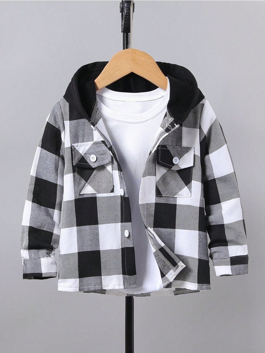 SHEIN Single Piece Boys' Plaid Color Block Hooded Jacket