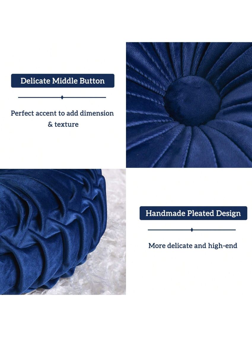 Set of 2 Decorative Round Pleated Throw Pillows, Classy Accent Pumpkin Throw Pillows with Center Button, Vintage Velvet Floor Pillow for Sofa Couch Vanity Chair Bed, 14.5