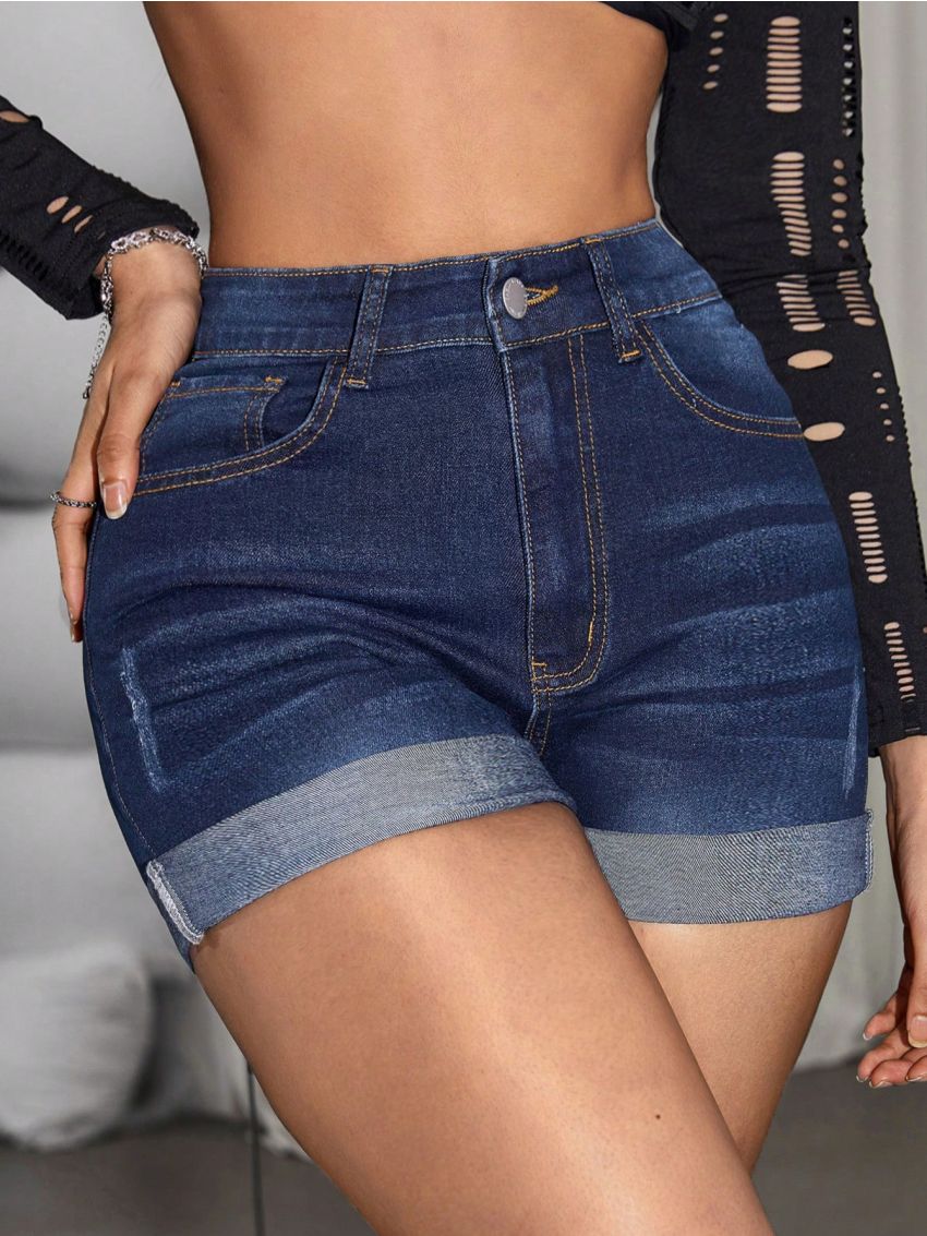 SHEIN PETITE Ladies' Cat Whisker Design Slim Fit Denim Shorts