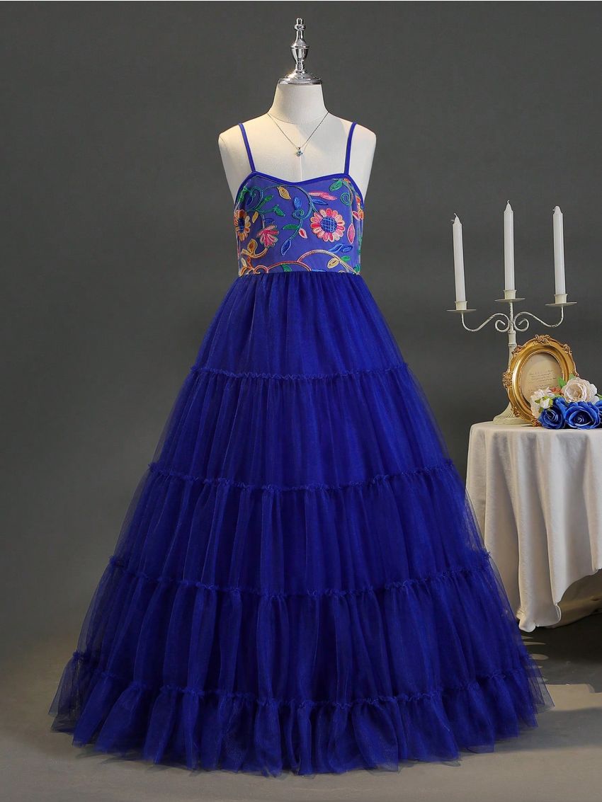 Embroidered Flower Decor Layered Mesh Strap Elegant & Romantic Formal Dress For Tween Girl, Party & Dance, Spring/Summer