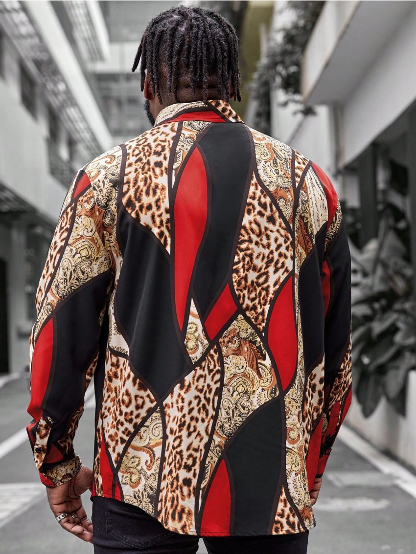 Manfinity LEGND Men'S Plus Size Paisley And Leopard Pattern Long Sleeve Shirt