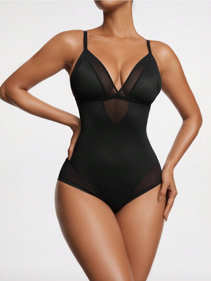 Women's Mesh Patchwork Spaghetti Strap Bodysuit With Slimming Effect