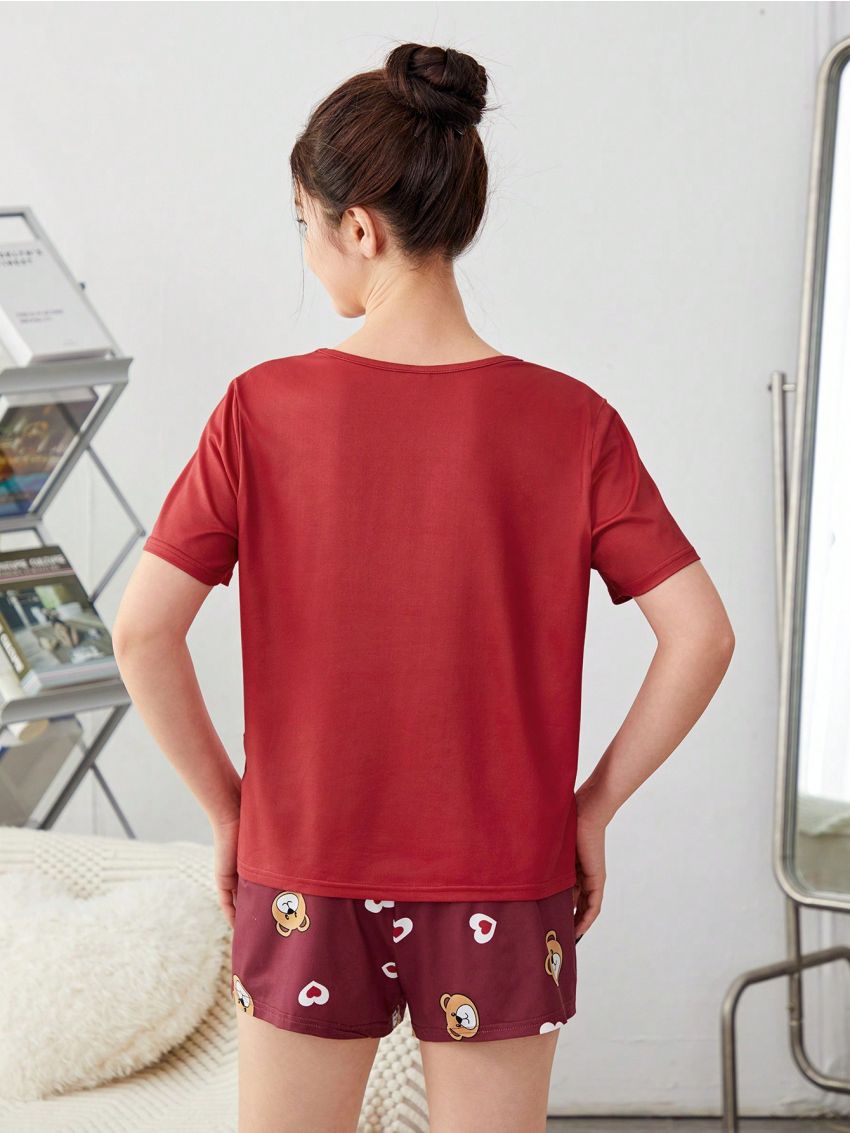 SHEIN Teen Girls' Knitted Adorable Bear Pattern Short Sleeve T-Shirt And Shorts Homewear