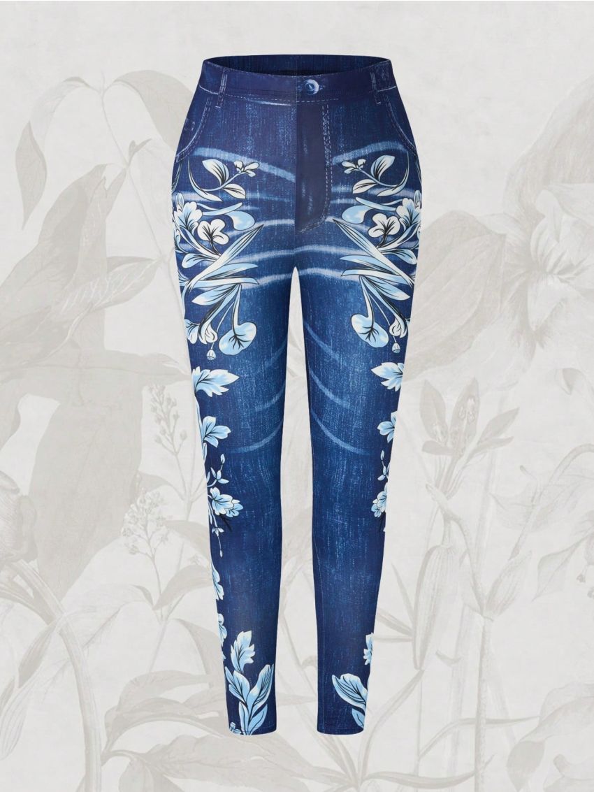 Plus Size Women's Floral Printed Leggings With Denim Look