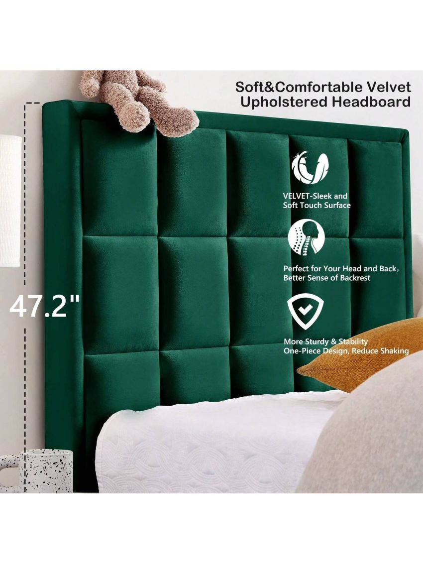 Flolinda Twin Bed Frame with Velvet Upholstered Headboard Modern Twin Platform Bed Frame for Girls and Boys No Box Spring Needed, Easy Assembly, Green