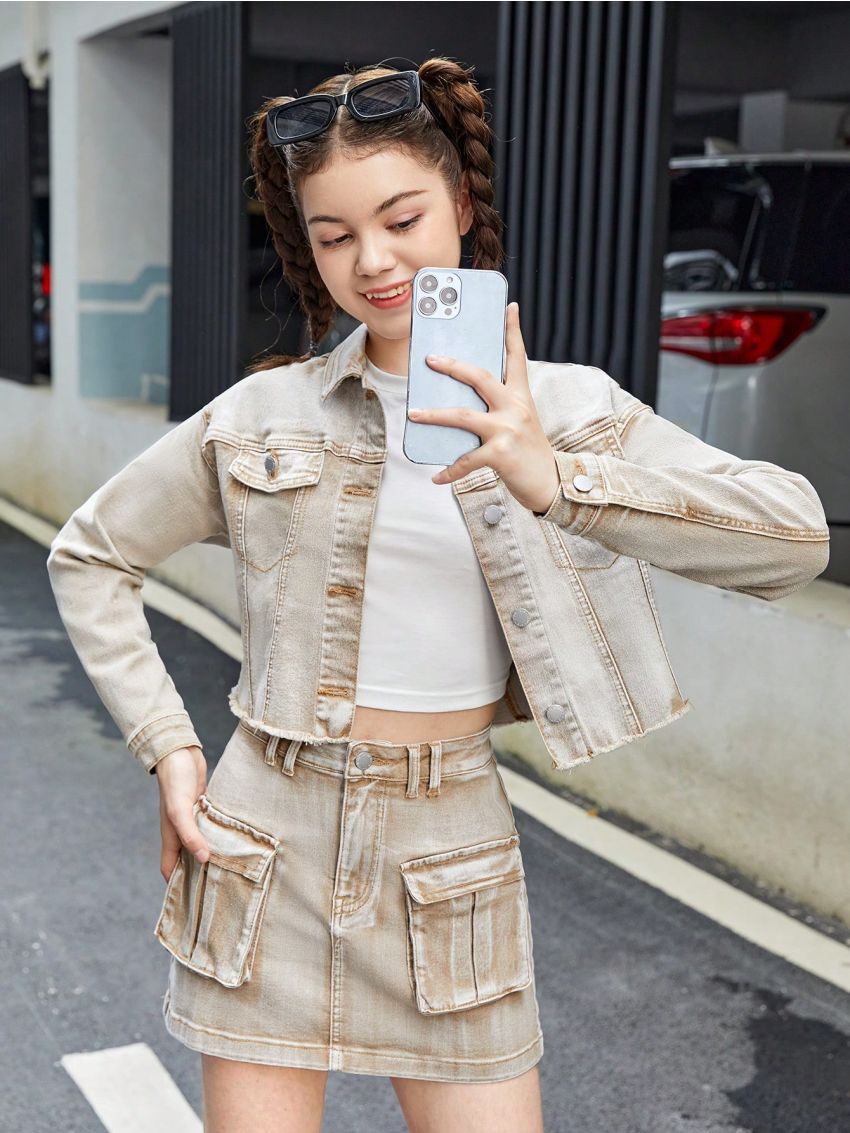 SHEIN Teen Girls' Casual Loose Fit Long Sleeve Turn-Down Collar Denim Jacket