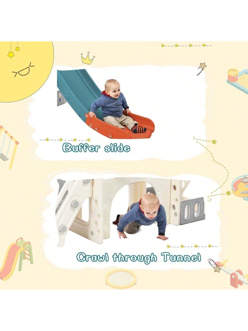 Merax Kids Slide Playset Structure, Freestanding Castle Climbing Crawling Playhouse with Slide, Arch Tunnel, Ring Toss, and Basketball Hoop, Toy Storage Organizer for Toddlers, Kids Climbers Playground