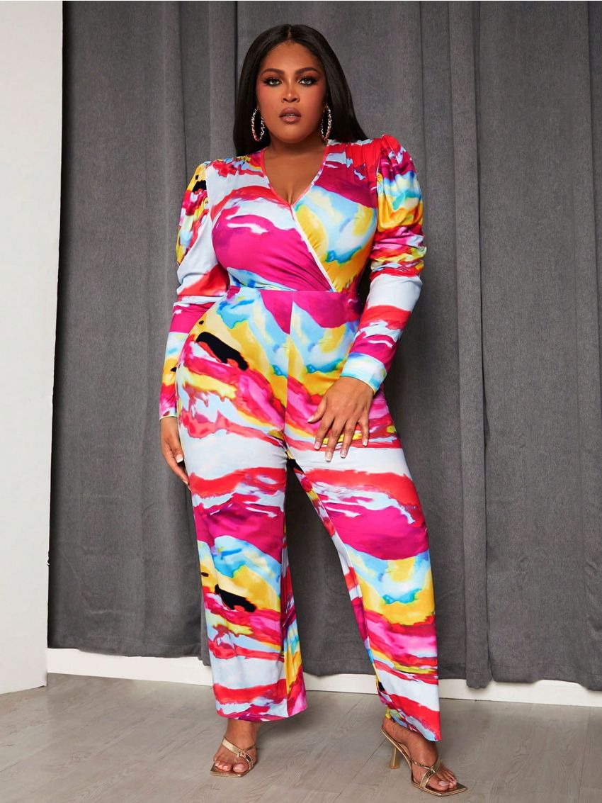 SHEIN Slayr Plus Size Women'S Full Print Jumpsuit With Leg Of Mutton Sleeves
