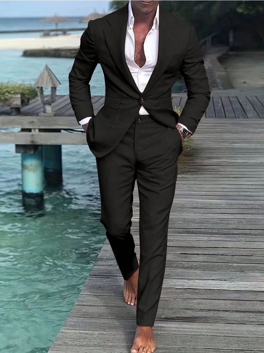 Men's Pure Color One-button Slim Fit Suit Set