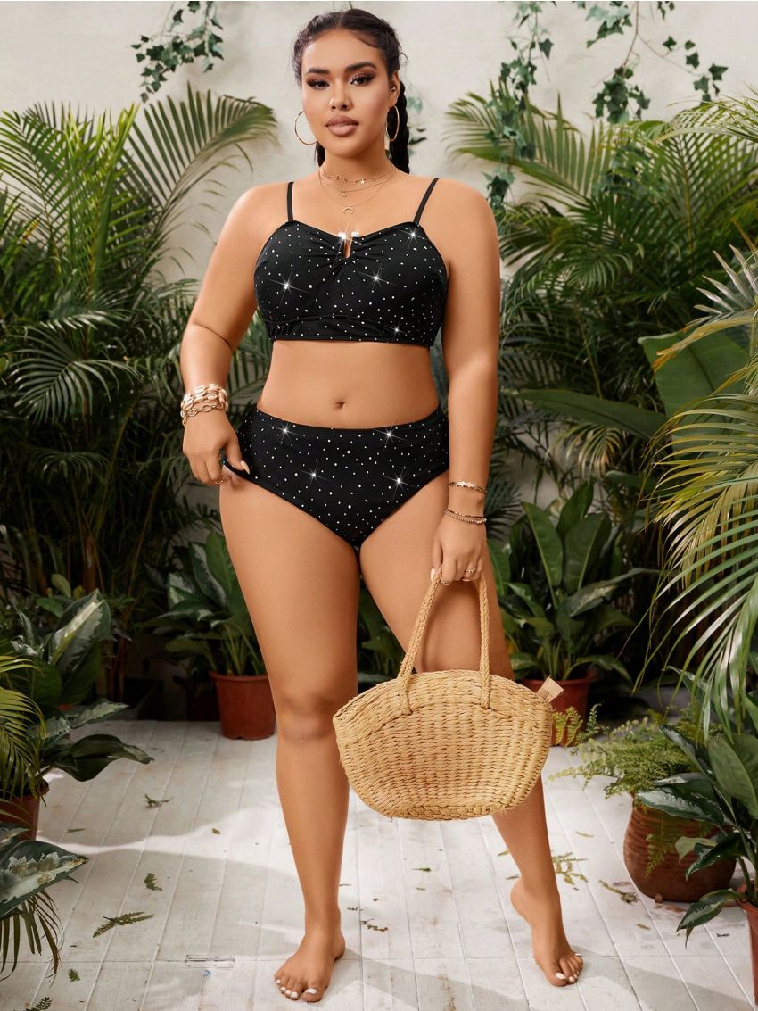 SHEIN Swim Vcay Plus Size Shiny Black Swimwear Set, Two Piece Separates