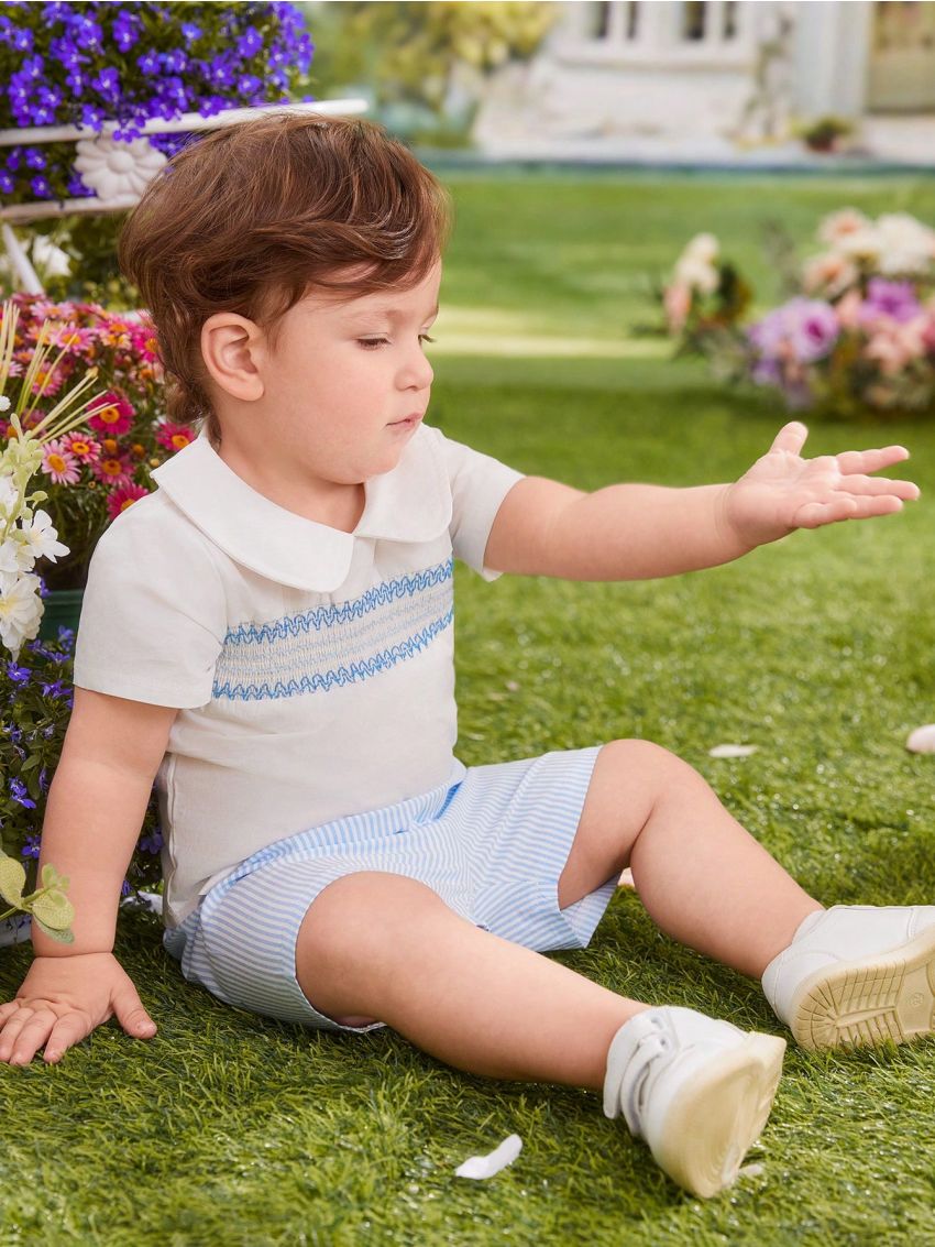 SHEIN Baby Boys' Gentleman Color-Blocked Short Sleeve Shirt With Striped Shorts Set