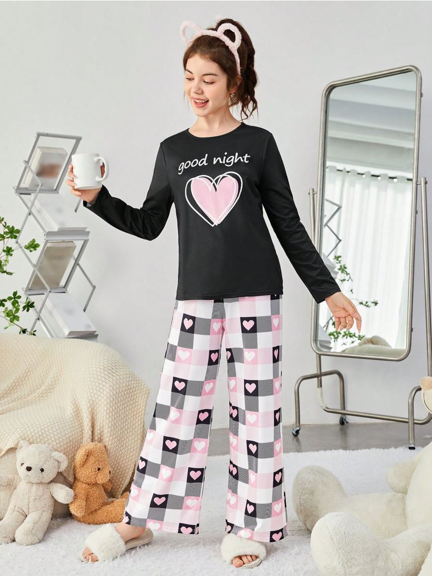 SHEIN Teen Girls' Knitted Heart Slogan Pattern Round Neck T-Shirt And Long Pants Set