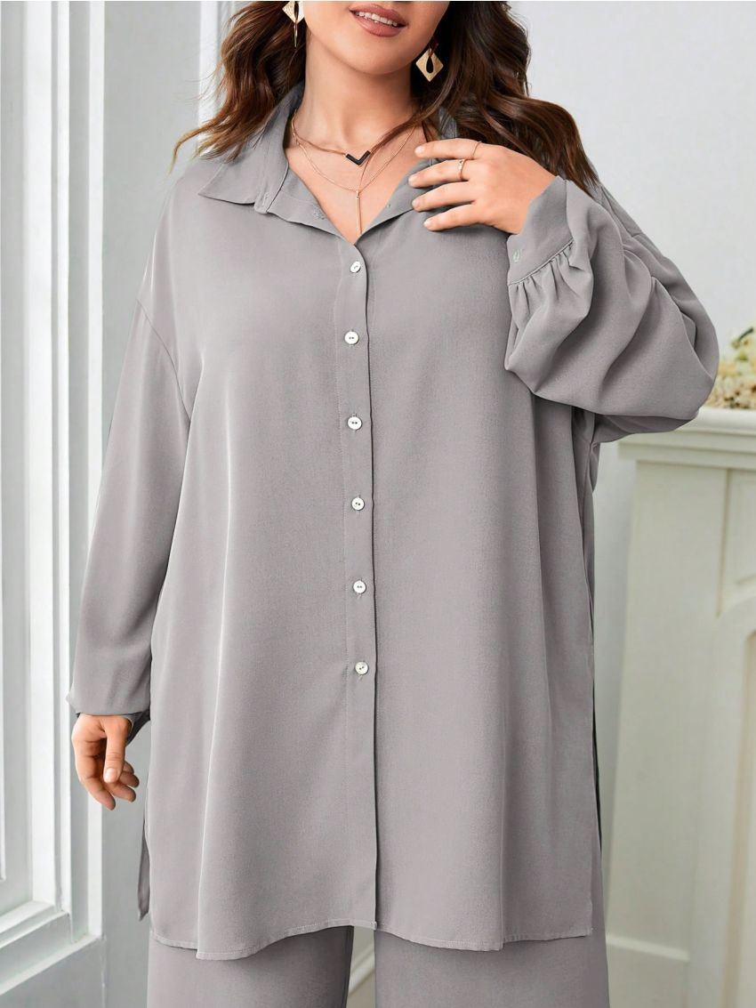 SHEIN LUNE Plus Drop Shoulder Shirt & Wide Leg Pants