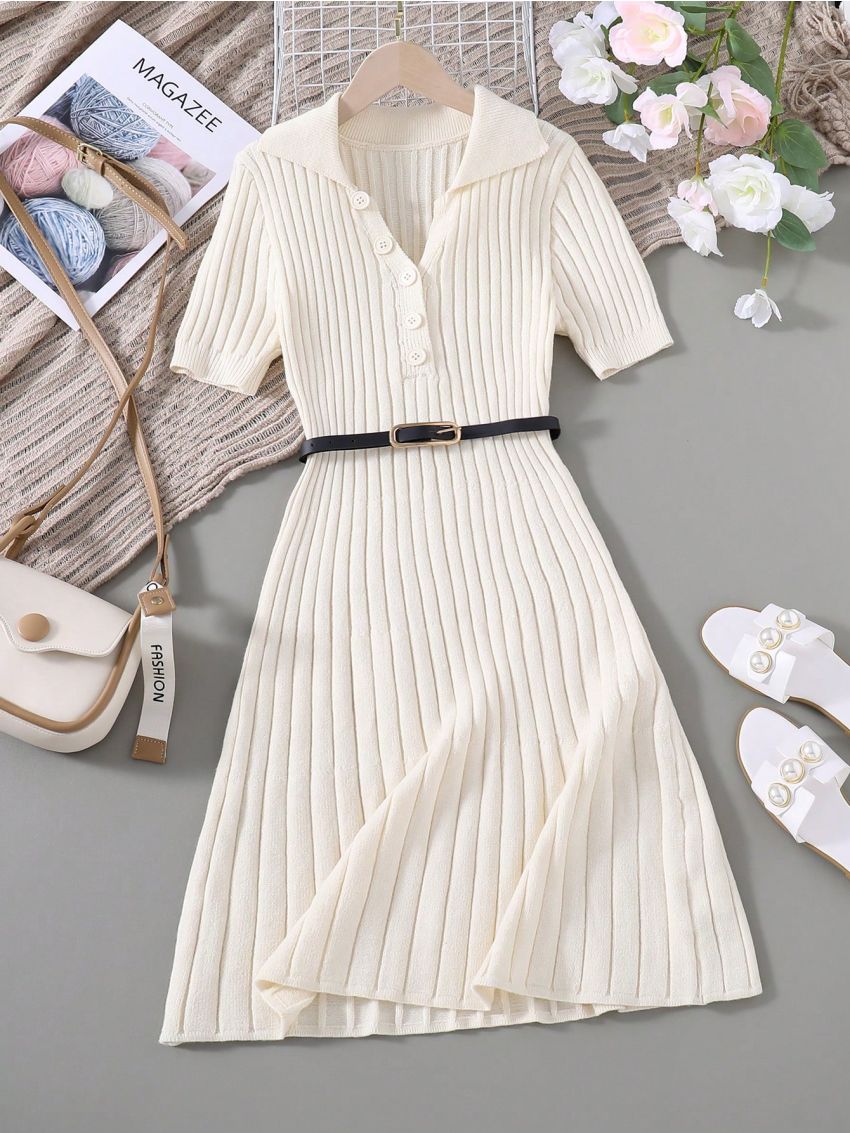 Teenage Girl's Ribbed Short Sleeve Sweater Dress With Ruffles