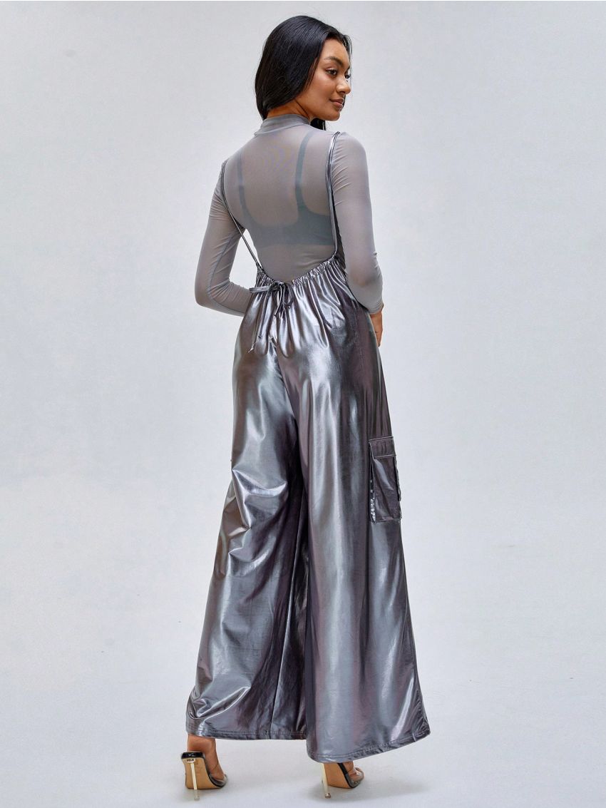 XELA AND VIC Mock Neck Mesh Top & Wide Leg Overall Jumpsuit