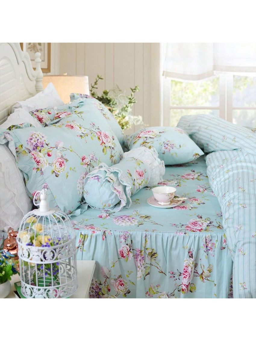 4-Pieces Shabby Floarl Cotton Bedding Set Light Blue Hydrangea Print Duvet Cover Set with Bedskirt French Country Style with Ruffle -1 Duvet Cover, 1 Bedskirt, 2 Pillowshams