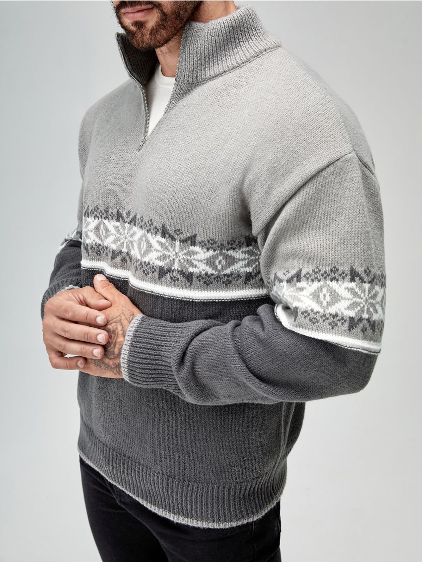 Manfinity Men Geo Pattern Quarter Zipper Drop Shoulder Sweater