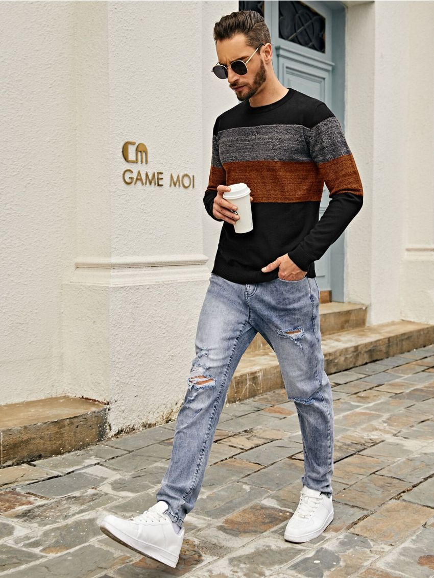 Extended Sizes Men Plus Color Block Sweater