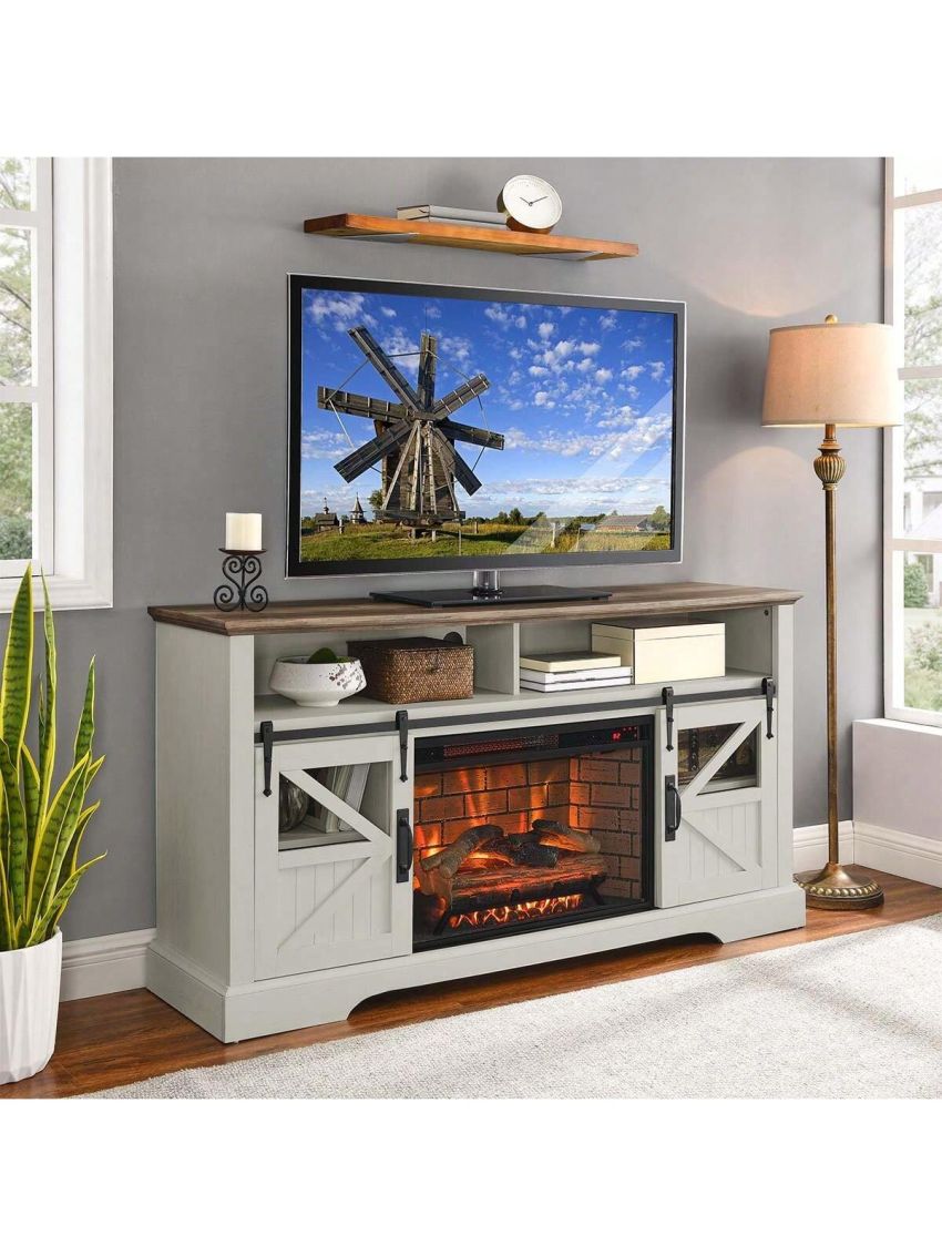 60 Inch Electric Fireplace Entertainment Center With Door Sensor-Jasmine white color