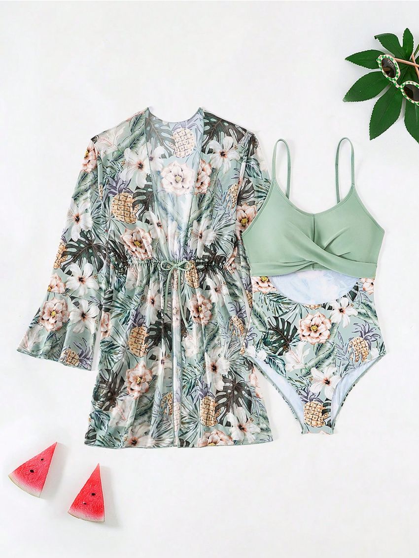 Teenage Girls' Tropical Printed One Piece Swimsuit And Cover Up