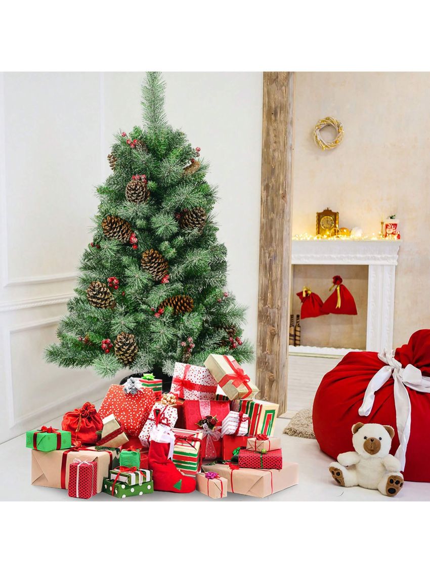 Costway 4 ft Christmas Entrance Tree with Pine Cones Red Berries and Glitter Branches