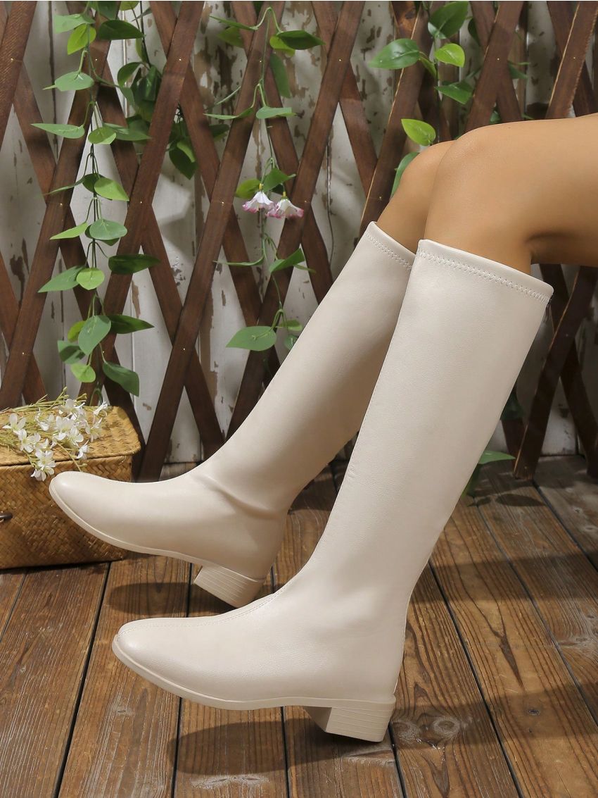 Women's Fashionable Chunky Heel Simple Long Boots With Back Zipper