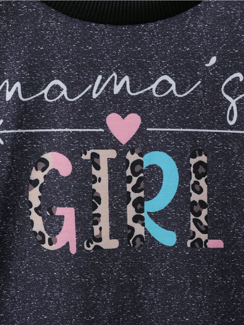 Little Girls' Letter Print Leopard Spliced Raglan Sleeve Round Neck Sweatshirt